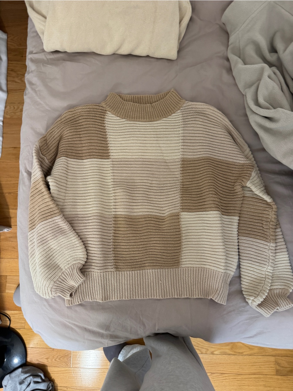 Peppermayo Beige and Cream Block-Striped Crew Sweater